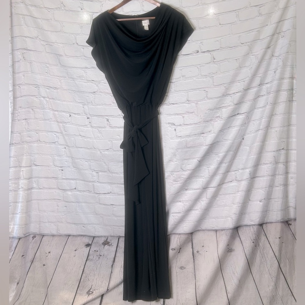 Chico’s Black Long Belted Short Sleeve Jumpsuit Size 12 Excellent Condition